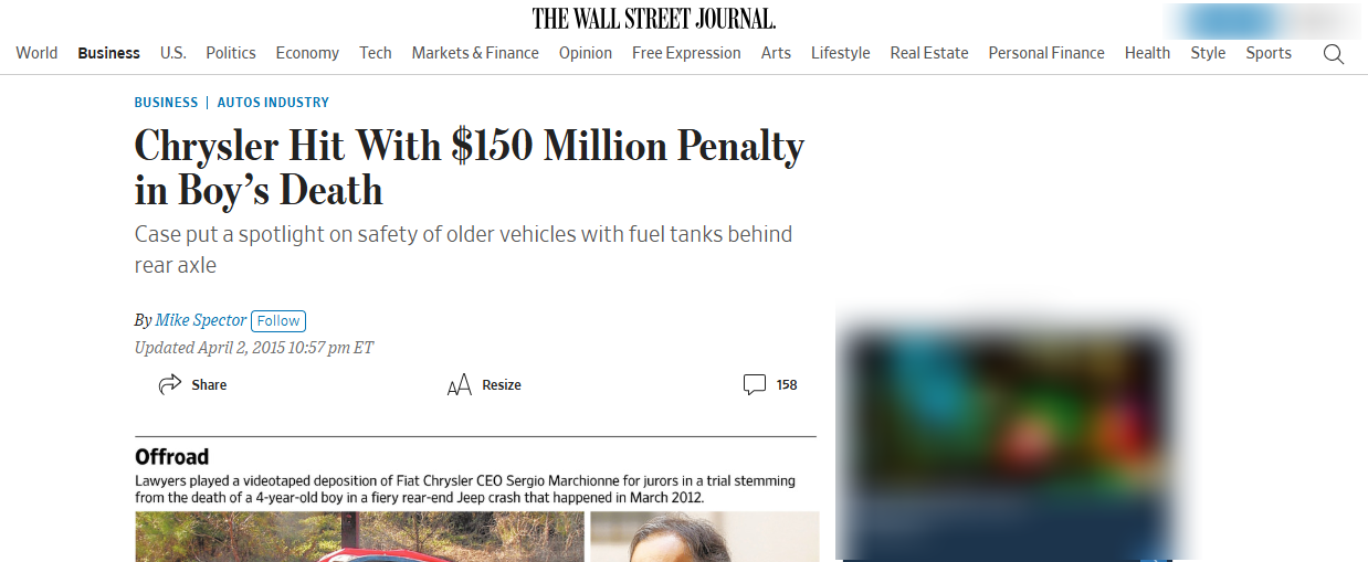 Chrysler Hit With $150 Million Penalty in Boy’s Death