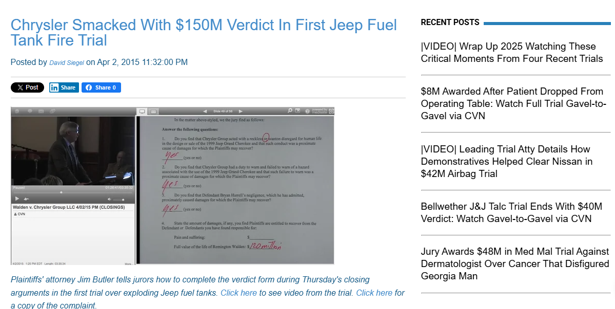 Chrysler Smacked With $150M Verdict In First Jeep Fuel Tank Fire Trial