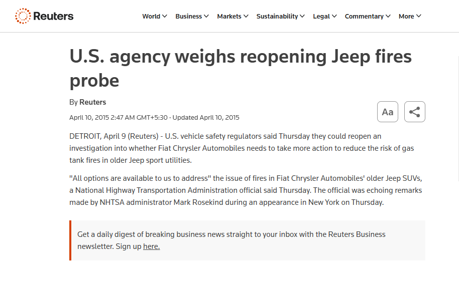 U.S. agency weighs reopening Jeep fires probe