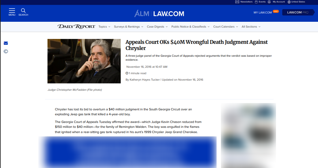 Wrongful Death Judgment Against Chrysler