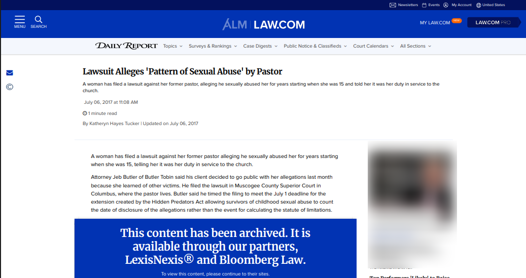 Lawsuit Alleges 'Pattern of Sexual Abuse' by Pastor