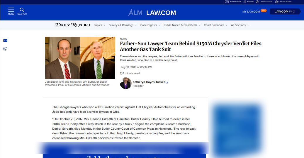 Father-Son Lawyer Team Behind $150M Chrysler Verdict Files Another Gas Tank Suit