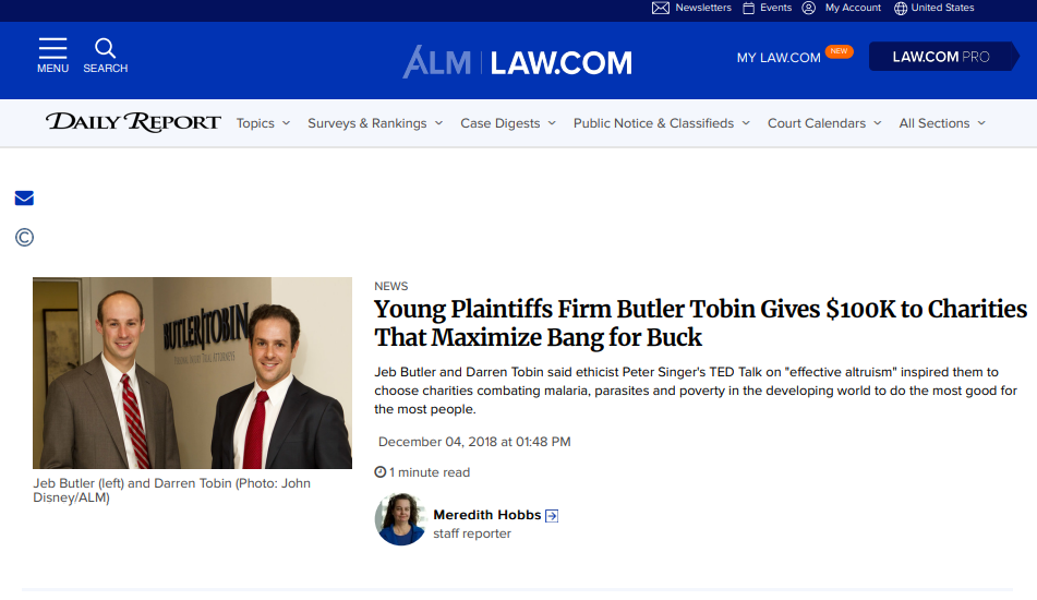 Young Plaintiffs Firm Butler Tobin Gives $100K to Charities That Maximize Bang for Buck