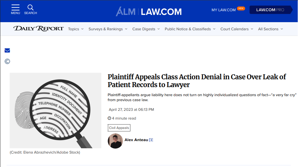 Plaintiff Appeals Class Action Denial in Case Over Leak of Patient Records to Lawyer