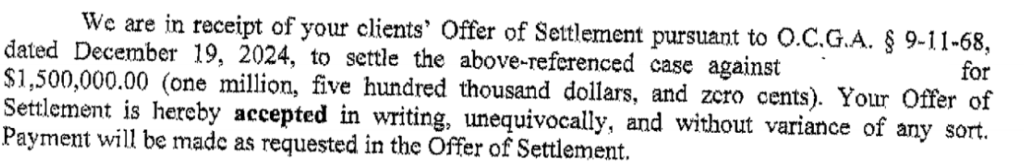 Excerpt from letter accepting Rule 68 Offer 