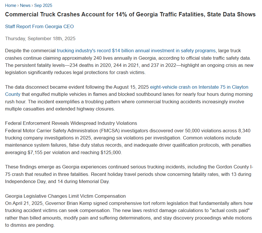 Commercial Truck Crashes Account for 14% of Georgia Traffic Fatalities, State Data Shows